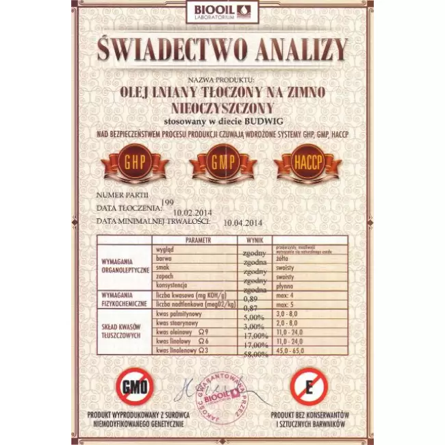 BIOOIL Olej lniany tłoczony na zimno extra virgin budwigowy 1000ml OmegaLen nieoczyszczony