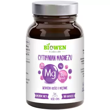 Biowen Cytrynian Magnezu + B6 P-5-P 825mg 100kaps vege - suplement diety Wspiera kości i mięśnie Skurcze