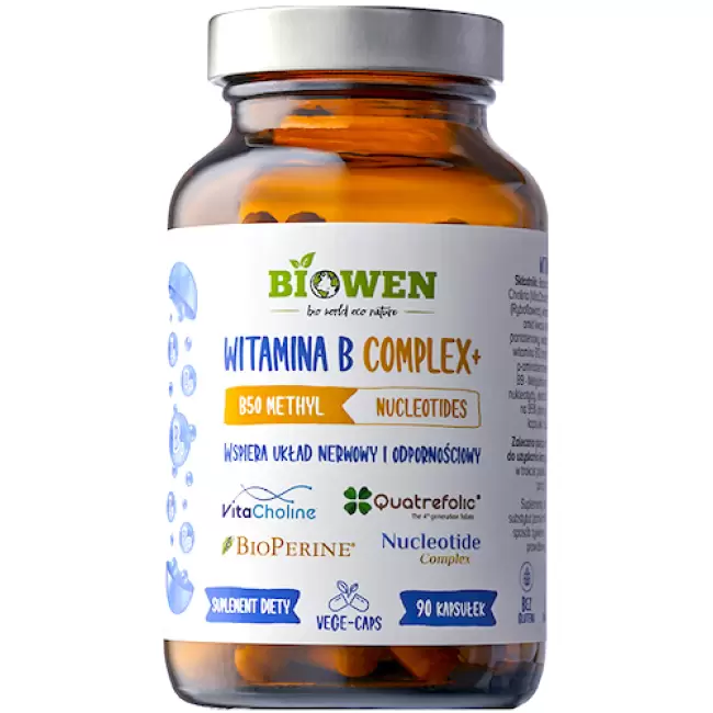 Biowen Witamina B Complex+ B50 Methyl 90kaps vege - suplement diety B1 - B12 Piperyna Układ nerwowy Odporność