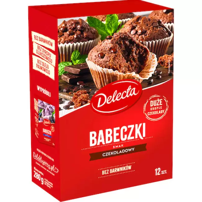 Delecta Babeczki smak czekoladowy Krople czekolady 280g Foremki 12szt. Puszyste Czekolada
