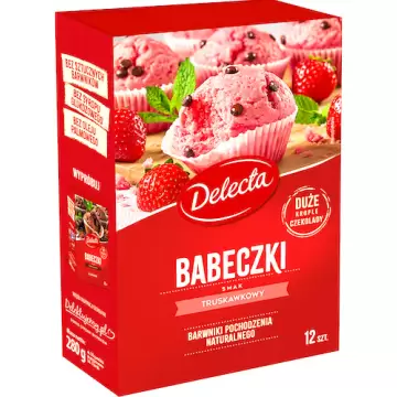 Delecta Babeczki smak truskawkowy Krople czekolady 280g Foremki 12szt. Puszyste Czekolada