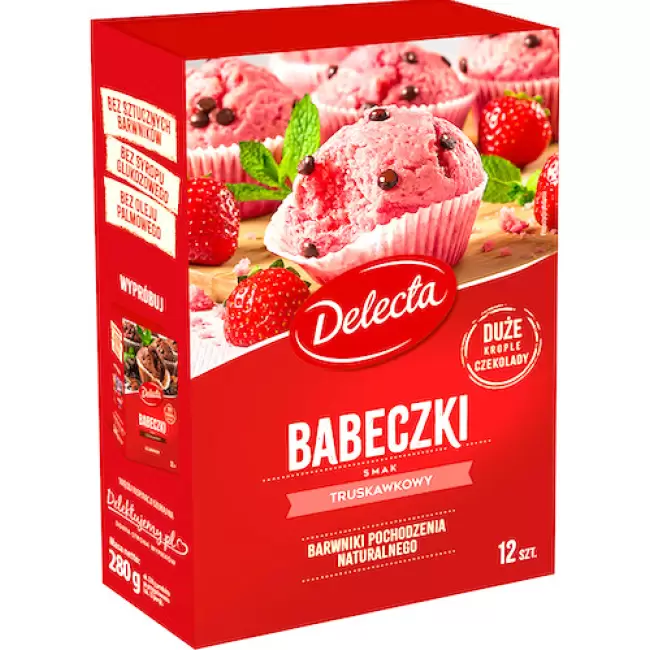 Delecta Babeczki smak truskawkowy Krople czekolady 280g Foremki 12szt. Puszyste Czekolada
