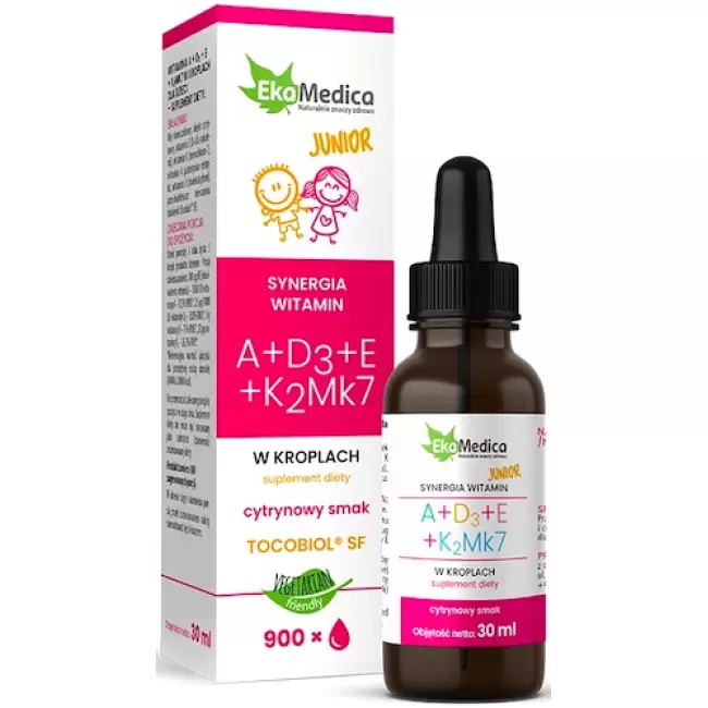 EkaMedica Witamina A + D3 + E + K2Mk7 Junior cytrynowy 30ml spray ADEK dla dzieci Odporność Wzrok Kości