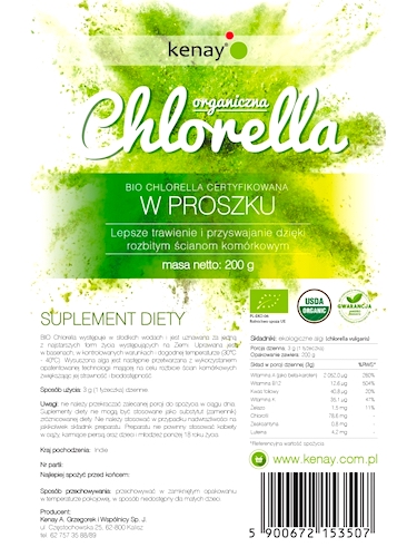 Kenay BIO Chlorella organiczna 200g proszek - suplement diety Rozbite Ściany Komórkowe Certyfikowana