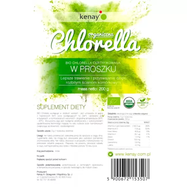 Kenay BIO Chlorella organiczna 200g proszek - suplement diety Rozbite Ściany Komórkowe Certyfikowana