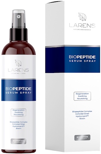 LARENS Biopeptide Serum Spray 250ml Silnie regeneruje i odżywia twarz, skórę, włosy Peptydy Biotyna Srebro Koloidalne -10% z kodem: WIOSNA23