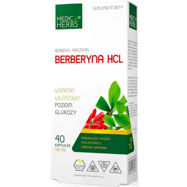 Medica Herbs Berberyna HCL 97% 516mg 40kaps - suplement diety Glukoza, Cukrzyca