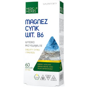 Medica Herbs Diglicyniany chelatowane: Magnez, Cynk witamina B6 60kaps - suplement diety ZMA ZMB