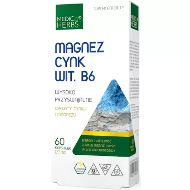 Medica Herbs Diglicyniany chelatowane: Magnez, Cynk witamina B6 60kaps - suplement diety ZMA ZMB