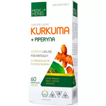 Medica Herbs Kurkuma   Piperyna 605mg 60kaps - suplement diety Curcumin Turmeric WYPRZEDAŻ KRÓTKA DATA