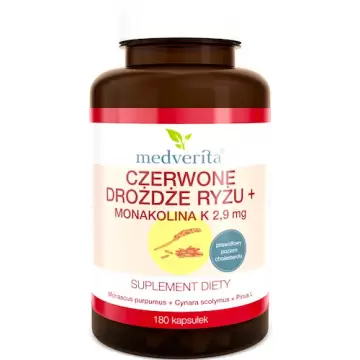 Medverita Czerwone drożdże z ryżu ekstrakt 5% monakolina K 180kaps - suplement diety Cholesterol Karczoch Sosna OPC