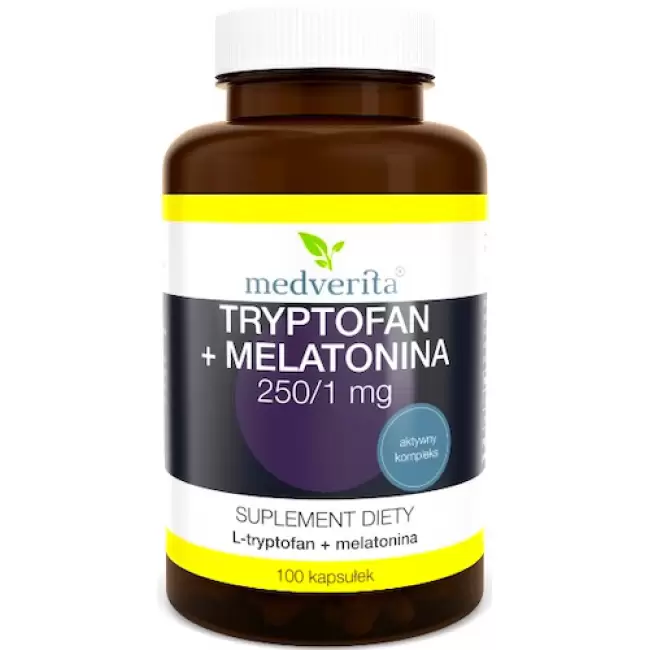 Medverita Tryptofan 250mg + Melatonina 1mg 100kaps - suplement diety Zdrowy Sen Jet Lag