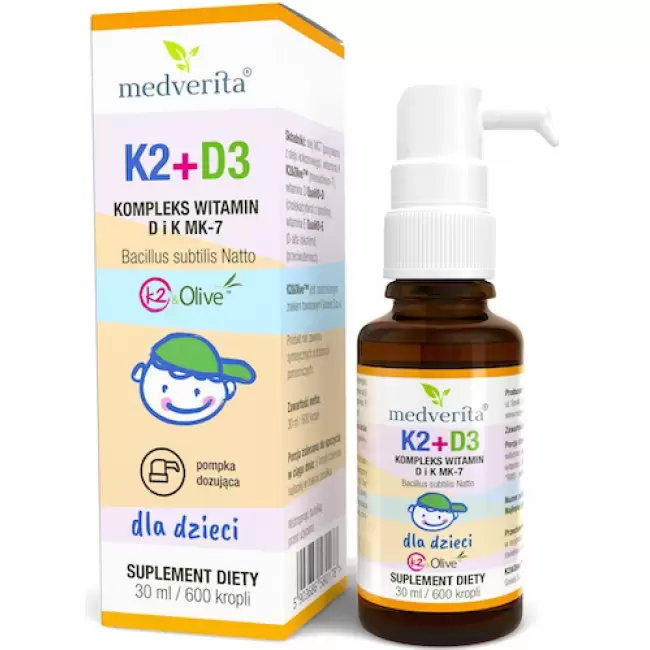 Medverita Witamina K2 D3 dla Dzieci - K MK-7 K2 Olive 20µg i D 400IU 30ml krople - suplement diety