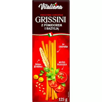 NaturaVena Paluszki Grissini z pomidorem i bazylią 100% naturalne 125g Vitaliana Przekąska Błonnik