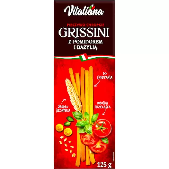 NaturaVena Paluszki Grissini z pomidorem i bazylią 100% naturalne 125g Vitaliana Przekąska Błonnik