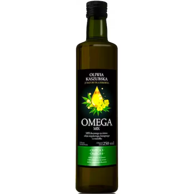 Oleje Kaszubskie Omega Mix Omega-3 Omega-6 Tłoczony na Zimno z Pierwszego Tłoczenia 250ml szkło