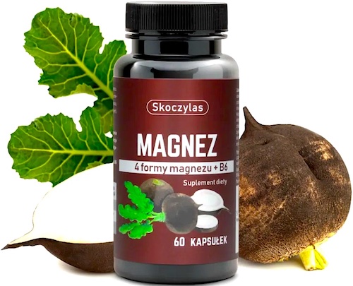 Skoczylas Magnez 4 formy Witamina B6 czarna rzepa 60kaps vege - suplement diety Czarna rzepa Nerwy Zmęczenie