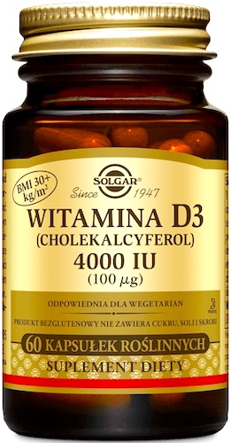 SOLGAR Witamina D3 4000IU (100mcg) 60kaps vege - suplement diety Kości, Zęby, Odporność