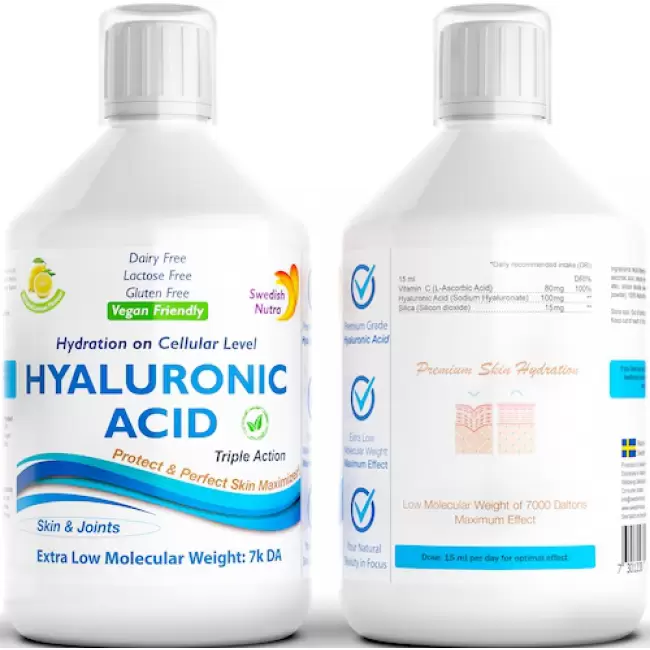 Swedish Nutra Kwas Hialuronowy 500ml vegan - suplement diety Skóra Nawilżanie Stawy Smak cytrynowy