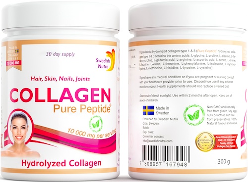 Swedish Nutra Super Kolagen w proszku 10.000mg typu I i III 300g hydrolizowany - suplement diety czysty