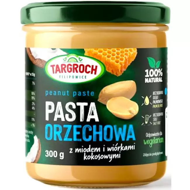 Targroch pasta orzechowa + miód + wiórki kokosowe 300g vege Masło orzechowe Błonnik