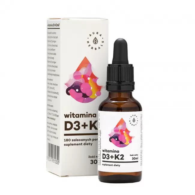 Aura Herbals Witamina D3 4000IU K2 mk7 Forte 30ml krople - suplement diety D-3 K-2 Odporność Kości Zęby Stawy