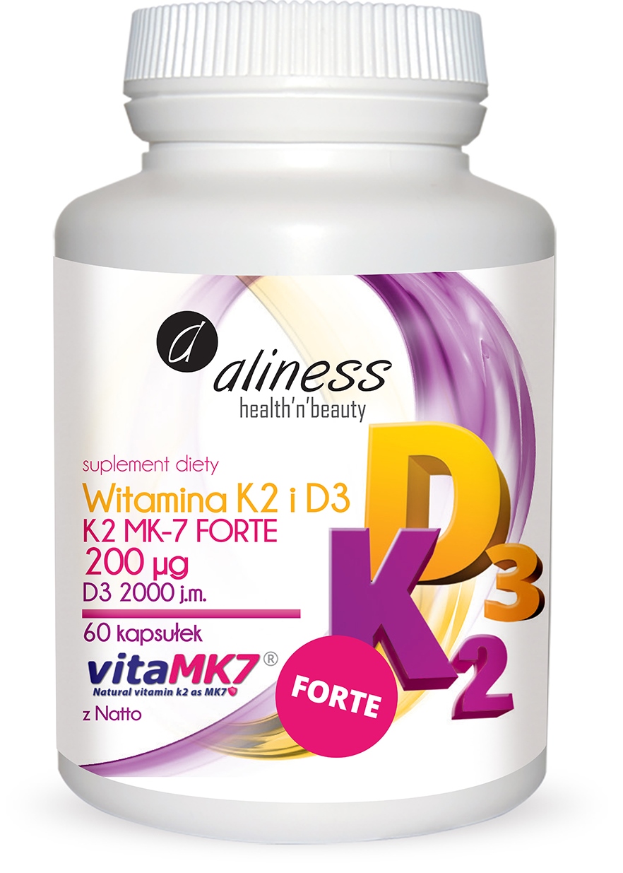 Aliness Witamina K2 MK-7 FORTE 200mcg i D3 2000IU 60kaps - suplement diety k-2 d-3 Natto