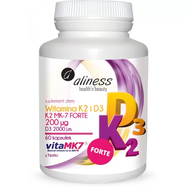 Aliness Witamina K2 MK-7 FORTE 200mcg i D3 2000IU 60kaps - suplement diety k-2 d-3 Natto