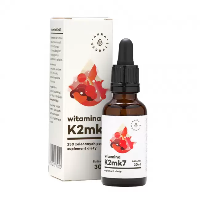 Aura Herbals Witamina K2 mk7 30ml krople - suplement diety K-2 Kości Zęby Krzepliwość